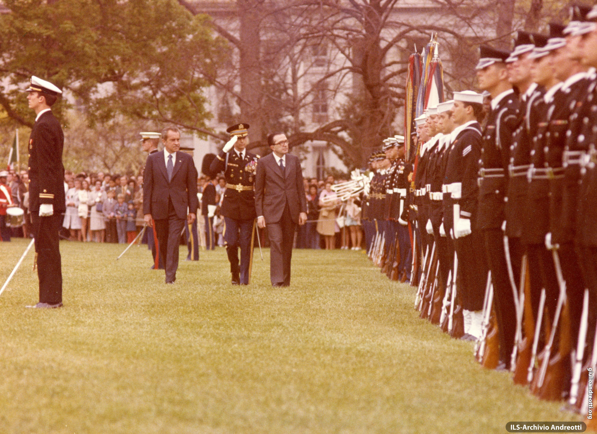 Visita di Andreotti in USA nell'aprile 1973. Cerimonia con Nixon alla Casa Bianca.