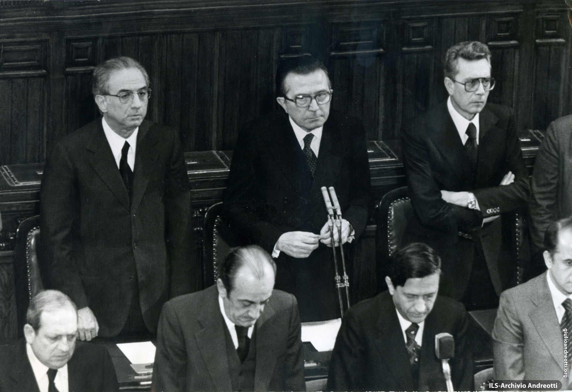 16 marzo 1978. Commemorazione di Aldo Moro alla Camera dei deputati. Accanto ad Andreotti Cossiga e Forlani.