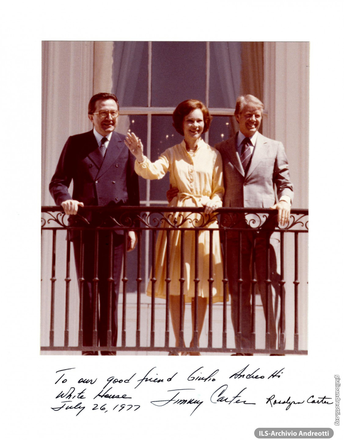 Foto con dedica di Jimmy e Rosalynn Carter in occasione della visita ufficiale di Andreotti al Presidente degli Stati Uniti il 26 luglio 1977